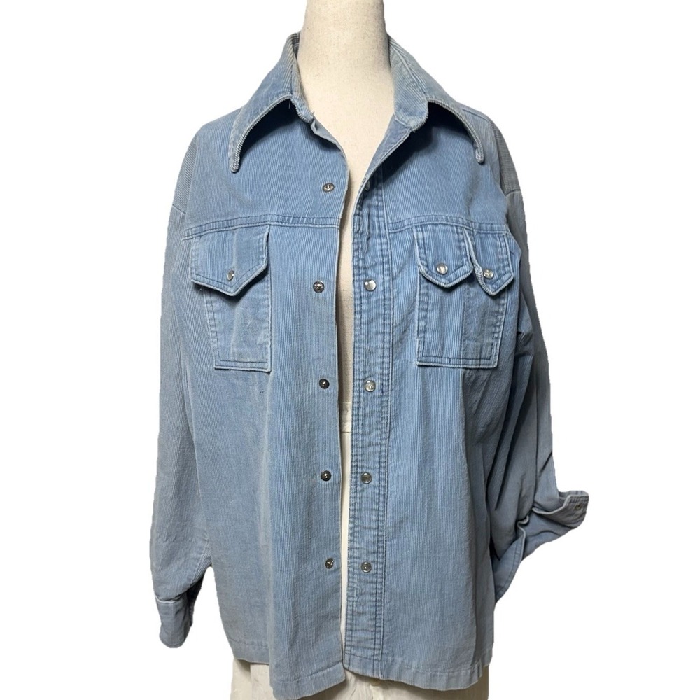 Vintage Jeans Joint Western Corduroy Shirt Jacket‎ Light Blue Pearl Snap Front